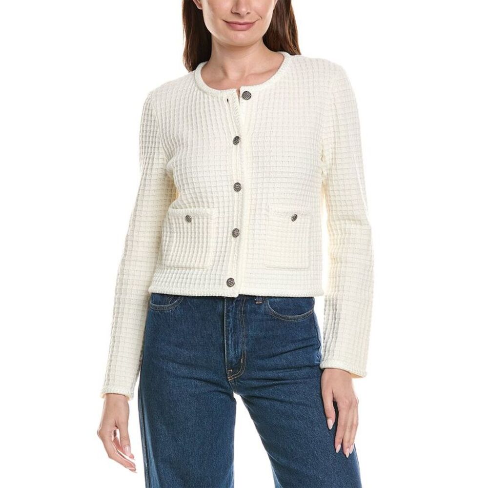 Milly Womens  Sade Textured Crewneck Wool-Blend Cardigan, Ivory